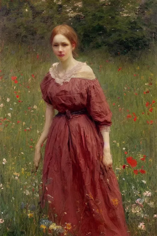 Prompt: Solomon Joseph Solomon and Richard Schmid and Jeremy Lipking victorian genre painting portrait painting of an beautiful slender cottagecore girl in an open field of flowers, red background