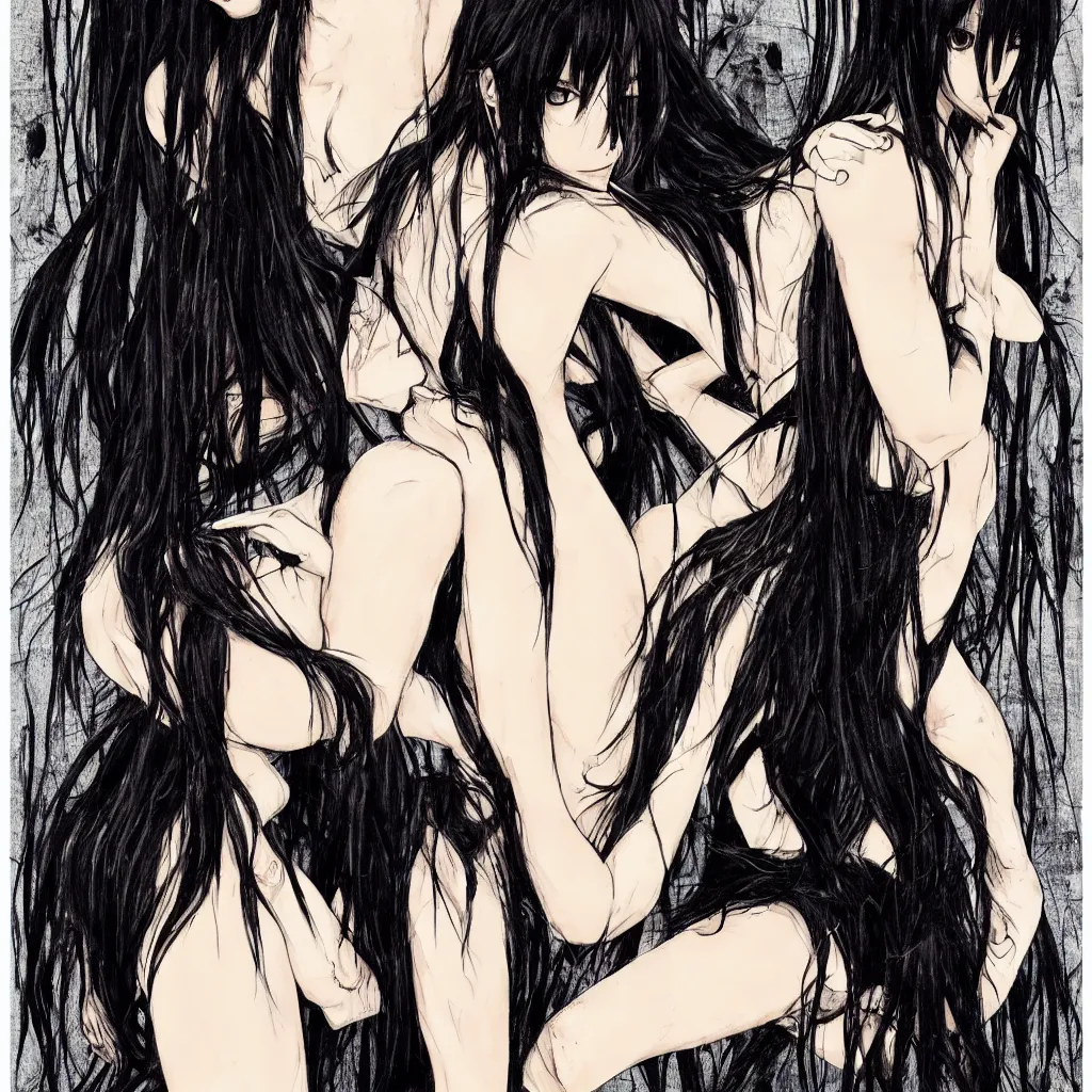 Prompt: Harry Weisburd Artwork Black Wet Hair, Hachishakusama, Eight-Feet-Tall, #One shot Goddess, Full Body abnormal