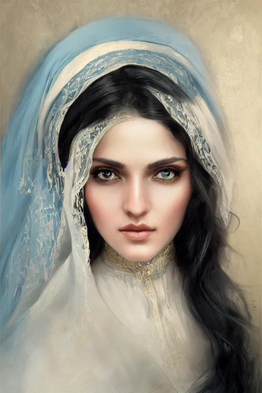 Prompt: brown ameera al taweel, bright blue eyes, long wavy black hair, white veil, front closeup, cinnamon #b57e59 skin color, elegant, highly detailed, centered, oil painting, artstation, concept art by tom bagshaw