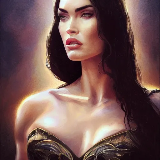 Image similar to megan fox is kneeling in front of a queen, elegant, highly detailed, digital painting, artstation, concept art, matte, sharp focus, perfect face symmetry, illustration, art by aenaluck and roberto ferri and greg rutkowski, epic fantasy, digital painting