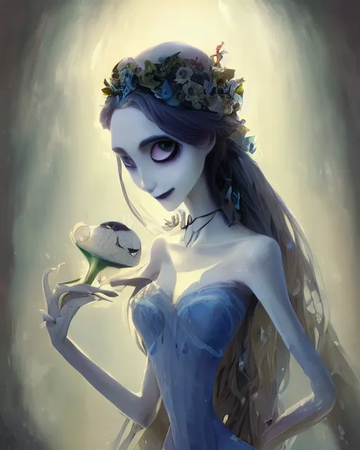 Prompt: still film, elegant mysterious gracious undead victoria everglot from the corpse bride if made by krenz cushart and wenjun lin, portrait, illustration, rim light, top light, summer clear blue sky, perfectly shaded, soft painting, epic, intricate, art