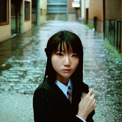 Image similar to 1990s perfect 8K HD professional cinematic photo of close-up japanese schoolgirl posing in sci-fi dystopian alleyway at morning during rain, at instagram, Behance, Adobe Lightroom, with instagram filters, depth of field, taken with polaroid kodak portra