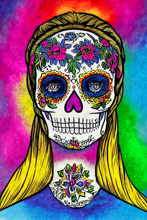 Image similar to illustration of a sugar skull day of the dead girl, art by barry winsor smith