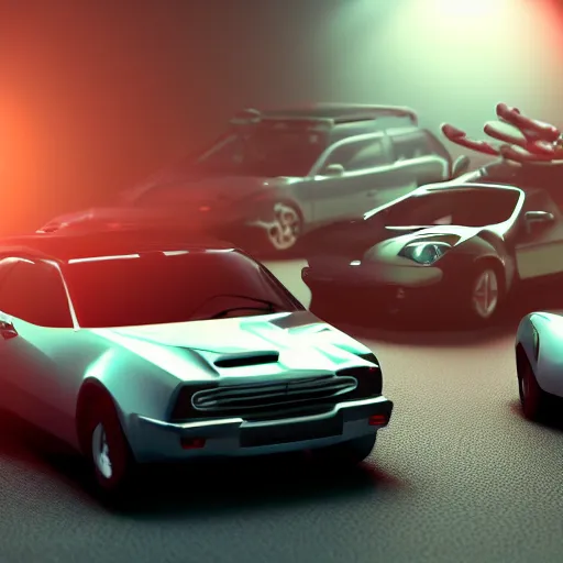 Image similar to mechanical greek hydra with cars as heads, cinematic, diffuse light, rendered in povray