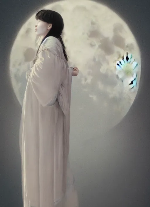 Prompt: beatifull pale wan woman, feminine goddes, side view, lit by the moon, adorable korean face silver hair!!, style of fernand khnopff and lucien levy - dhurmer, 4 k resolution, aesthetic!,