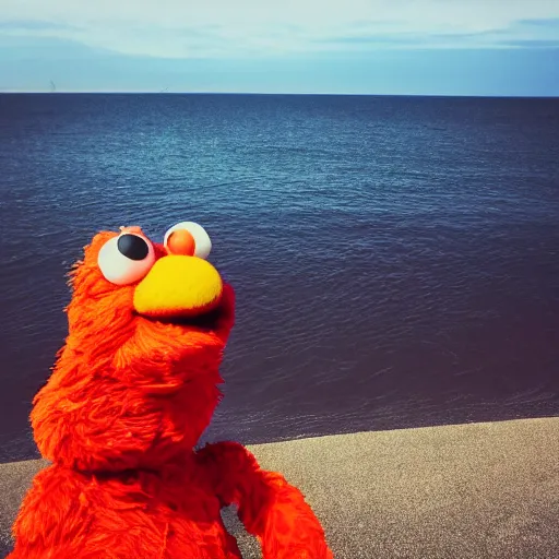 Prompt: elmo taking a selfie, iphone 6 s, beach,