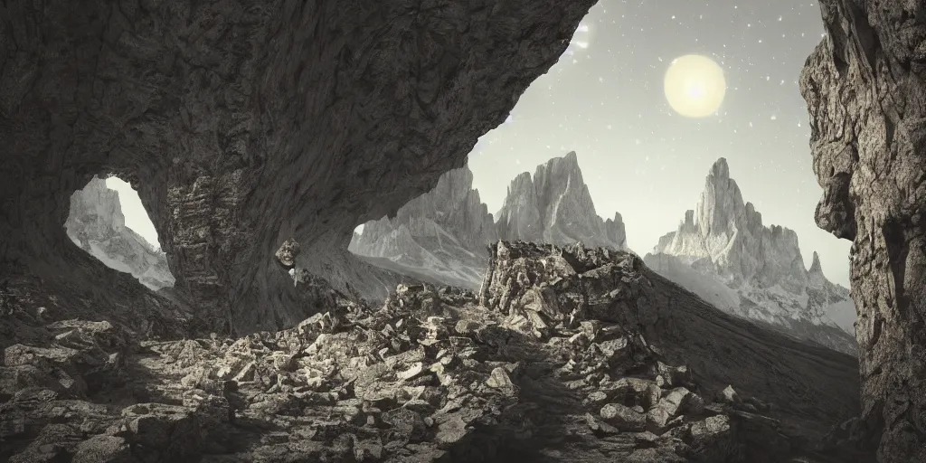 Prompt: photography of dolomites crumbling away, fracture, nightsky, stars like circles, alpine, detailed intricate insanely detailed octane render, 8k artistic 1920s photography, photorealistic, chiaroscuro, hd, by David Cronenberg, Raphael, Caravaggio