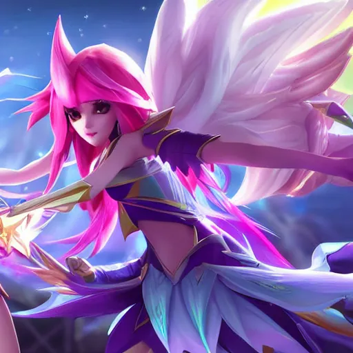 Image similar to star guardian xayah and star guardian kai'sa are friends, league of legends, by weta digital, 3 - dimensional, photograph, hyper relealistic, rays of shimmering light