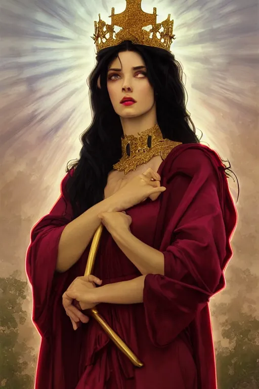 Image similar to Portrait of historically accurate, ancient biblical, sultry, sneering, evil, pagan, wicked, young queen jezebel, wearing gilded red robes, long black hair, intricate, elegant, highly detailed, digital painting, artstation, concept art, smooth, sharp focus, illustration, art by artgerm and greg rutkowski and alphonse mucha and andrei riabovitchev