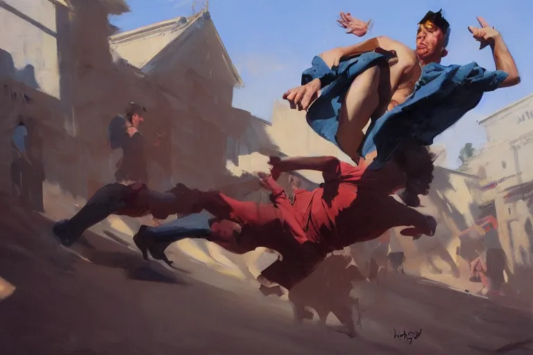 Prompt: greg manchess painting of a man in an arena tripping and falling, profile picture, organic painting, sunny day, matte painting, bold shapes, hard edges, street art, trending on artstation, by huang guangjian, gil elvgren, ruan jia, randy vargas, greg rutkowski