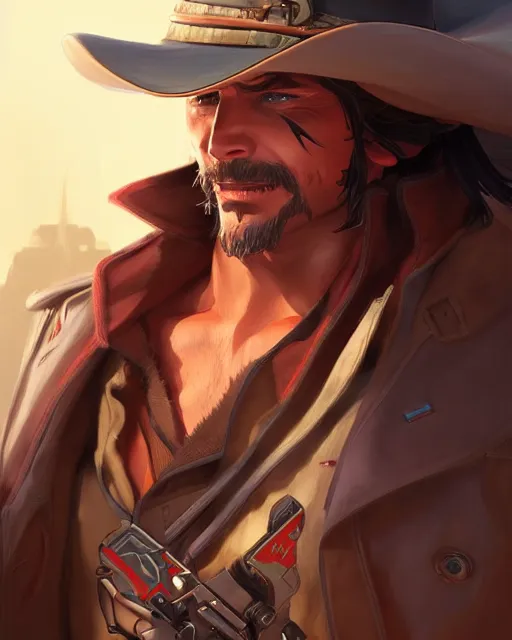 Image similar to mccree from overwatch, cinematic, stunning, highly detailed, digital painting, artstation, smooth, hard focus, illustration, art by artgerm and greg rutkowski and alphonse mucha