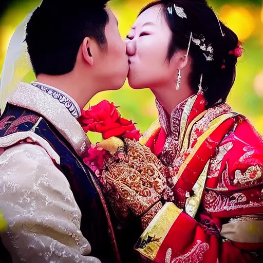 Prompt: “wedding photo, a couple kissing, in love, asian and western fusion, high definition, high quality”