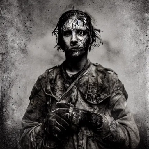 Image similar to A wet-collodion styled portrait of a disheveled solider coming back from battle looking defeated, staring straight into the camera. Depth of field, smokey background, high contrast, extremely detailed.