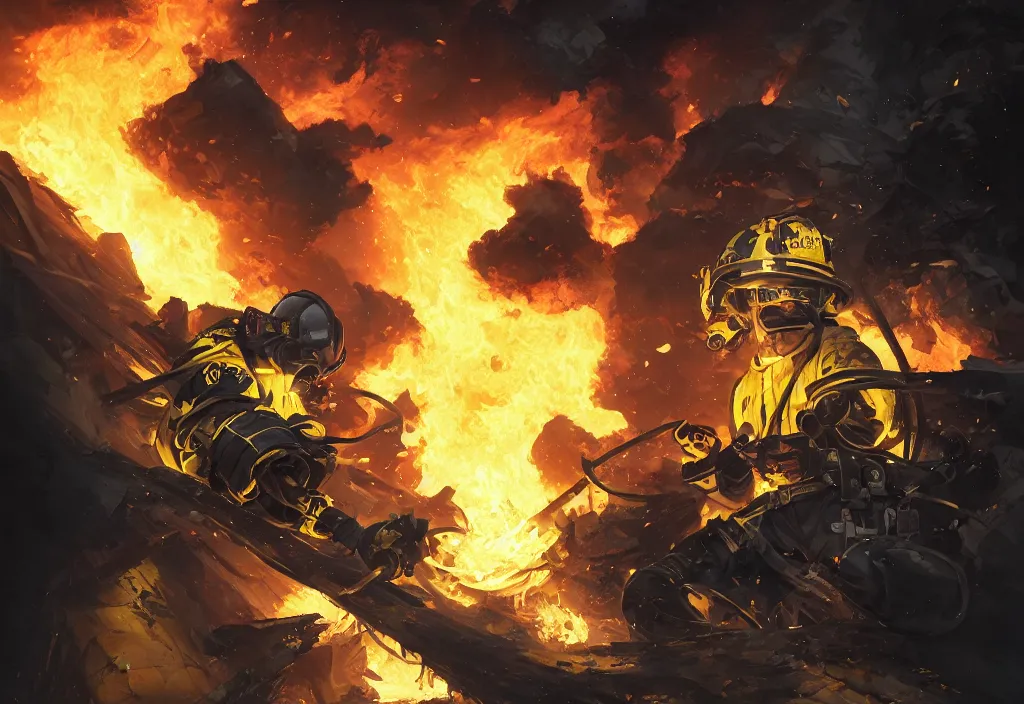 Image similar to heroic firefighter in action in black and yellow uniform, fire flames, sharp details, sharp focus, elegant, highly detailed, illustration, by jordan grimmer and greg rutkowski and pine ( ハイネ ) and 薯 子 imoko and 香 川 悠 作 and wlop and maya takamura, intricate