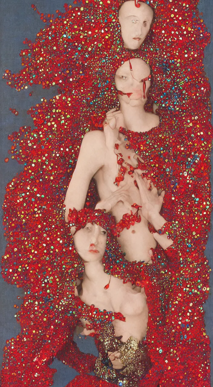 Prompt: a full - body female character design wearing a red sequined bodysuit, beads hanging over her face like an alexander mcqueen headdress, costume by eiko ishioka, haute couture by moebius, steven outram, colorful and psychedelic