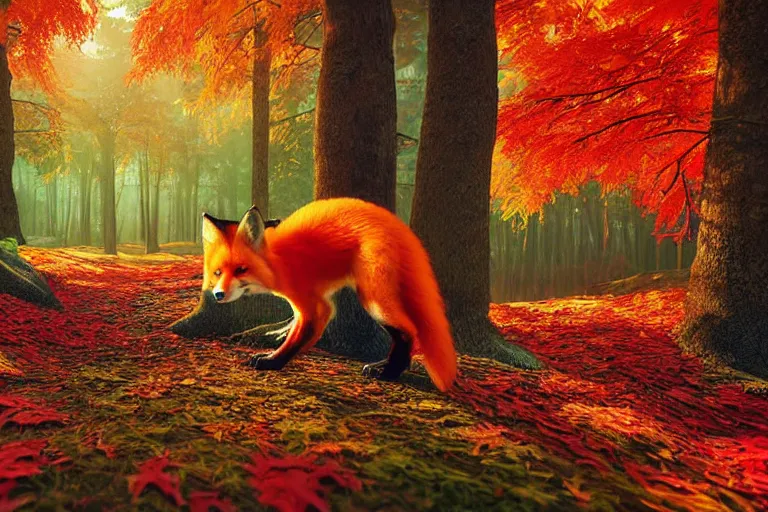 Image similar to super detailed color lowpoly art, red fox in an autumn maple forest, unreal engine, retrowave color palette, 3 d render, lowpoly, colorful, digital art, perspective