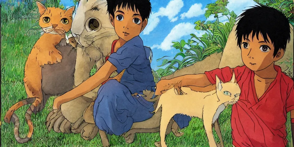 Image similar to sri lankan kid and cat, drawn by hayao miyazaki