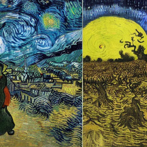 Image similar to eschers metamorphosis as painted by van gogh, surreal and detailed