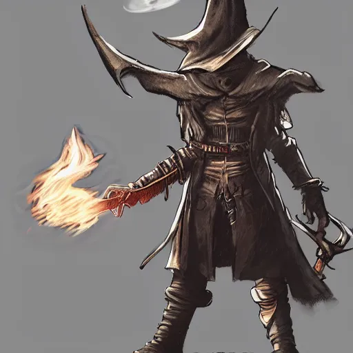 Prompt: hunter from bloodborne holding a torch, sitting next to each other in a room, concept art by yoshiyuki tomino, by yoshiyuki tomino, cg society contest winner, behance contest winner, retrofuturism, toonami, redshift, official art, ps 1 graphics