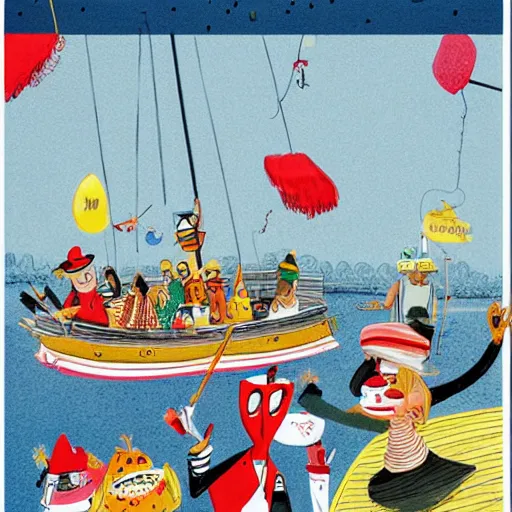 Prompt: rich people and poor people have a boat party, high resolution artistic photograph, bokeh, 4 k, majestic, by vogue magazine, by richard scarry and quentin blake