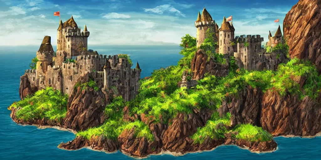 Image similar to stunning landscape of a castle on a lost island on a sunny day by brian k. vaughan