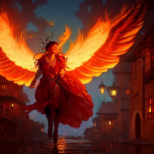 Image similar to Phoenix in fire flying through a medieval town by night, DnD character, unreal engine, octane render, dramatic lighting, pond, digital art, by Stanley Artgerm Lau, greg rutkowski, thomas kindkade, alphonse mucha, loish, norman Rockwell