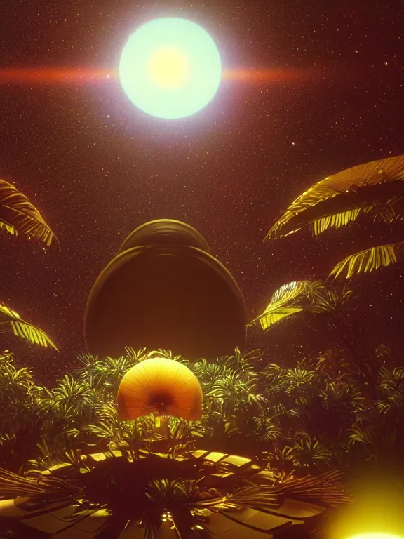 Prompt: still from space odyssey movie, round brown coconut spaceship floating in deep space in full of many orchids flowers, galaxy, nebula, epic, style of moebius, vincent di fate, michael whelan, mucha, volumetric light, mega detailed, unreal engine 5, beautiful composition, beautiful lighting