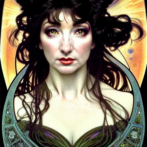 Prompt: realistic detailed face portrait of kate bush with a spiral nebula for hair by alphonse mucha, ayami kojima, amano, greg hildebrandt, and mark brooks, art nouveau, neo - gothic, gothic, character concept design