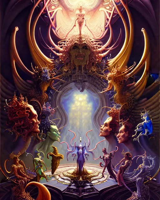 Image similar to a portrait of the council of angels and devils, fantasy character portrait made of fractals facing each other, ultra realistic, wide angle, intricate details, the fifth element artifacts, highly detailed by peter mohrbacher, hajime sorayama, wayne barlowe, boris vallejo, aaron horkey, gaston bussiere, craig mullins