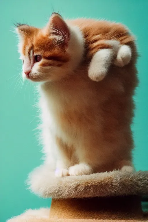 Image similar to “ fluffy kitten lying on cat tree, cotton, dim lighting, extremely high quality, leica m - a, lux 3 5 fle, portra 8 0 0 ”