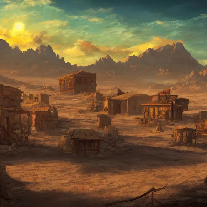 Image similar to old west style city in the middle of a vast sandy flat desert with a single mountain on the very distant horizon. magic the gathering art, digital media