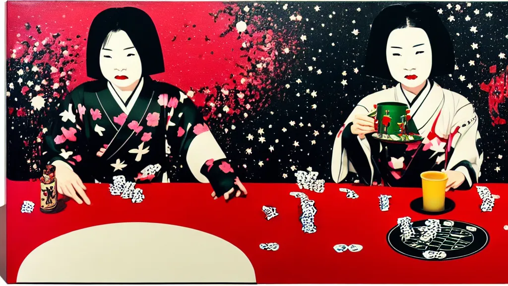 Image similar to woman in a black japanese kimono, sitting at an extremely detailed poker table with the boba fett, sake on the table, fireworks and stars on the background, by andy warhol, by roy liechtestein, canvas, acrylic paint, ivory palette, 4 k, ultra - hd