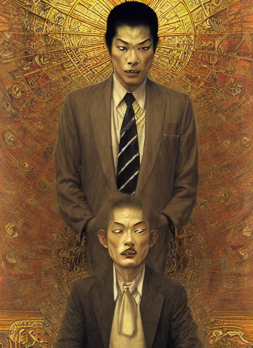 Prompt: hyper realistic traditional japanese illustration of pharaoh businessman glowing in the style of austin osman spare, wayne barlowe, gustav moreau, goward, gaston bussiere and roberto ferri, santiago caruso, bouguereau, klimt, saturno butto, sorayama. occult art, alchemical diagram