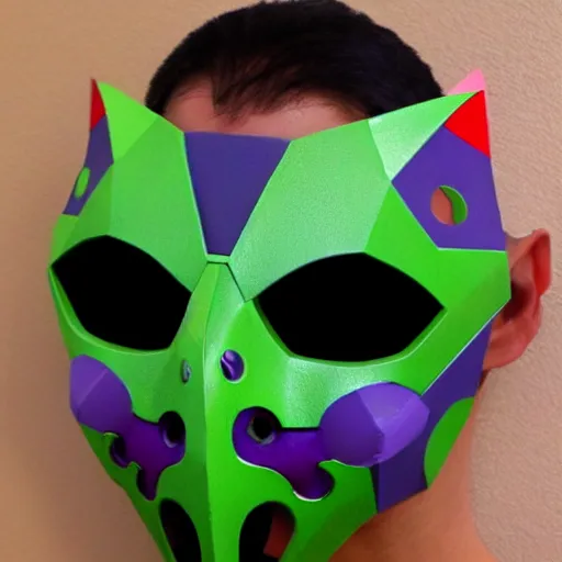 Image similar to majoras mask as a realistic wearable mask. polygonal. very colorful.