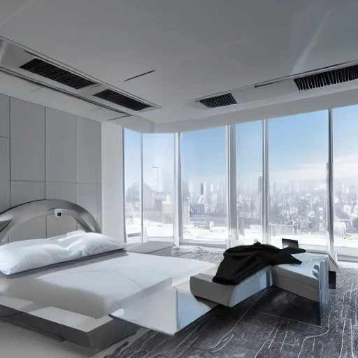 Image similar to a futuristic luxury white bedroom with ceiling high windows looking out to a cyberpunk cityscape