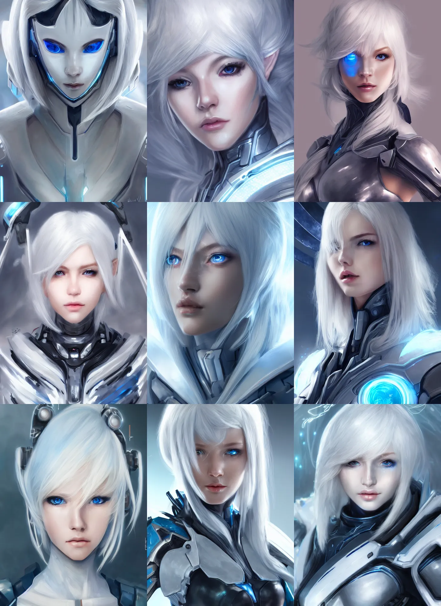 Prompt: detailed portrait of perfect white haired girl, android, warframe armor, beautiful, pretty face, blue cyborg eyes, innocent, scifi, 4 k, sun yunjoo, ultra realistic, aura of light, cinematic lighting, highly detailed, sharp focus, artstation, masterpiece, art by hyungjin yang