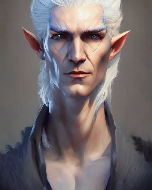 Image similar to character portrait of a slender half - elven man with white hair and piercing blue eyes, by greg rutkowski, mark brookes, jim burns, tom bagshaw, trending on artstation