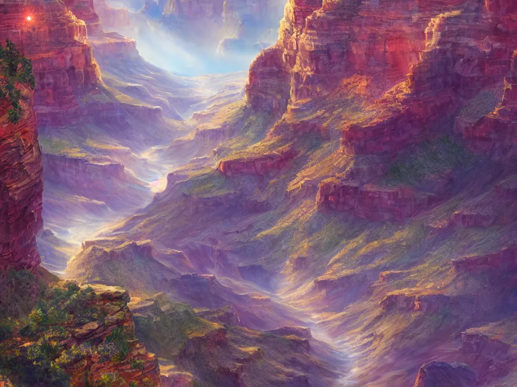 Image similar to grand canyon filled with sparkling water, magical, digital painting, trending on artstation, deviantart, 8k, epic composition, intrinsic details, perfect coherence