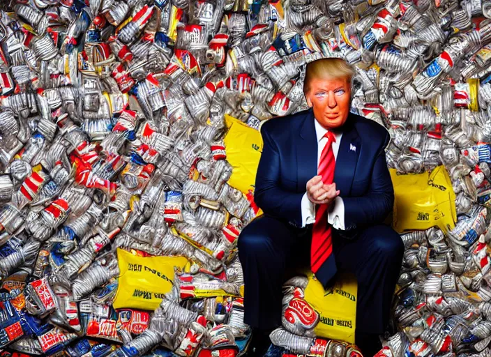 Image similar to portrait photo of donald trump sitting next to a table covered in mcdonald's wrappers and diet coke cans, studio lighting, key light, 8 k, 8 5 mm f 1. 8