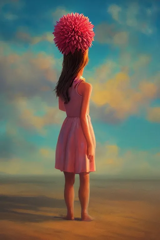 Image similar to closeup huge dahlia flower head, girl standing on beach, surreal photography, blue sky, sunrise, dramatic light, impressionist painting, digital painting, artstation, simon stalenhag