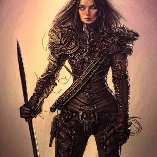 Prompt: a highly detailed drawing of a woman holding a sword, concept art by terese nielsen, by tony diterlizzi, trending on artstation, fantasy art, steampunk, behance hd, reimagined by industrial light and magic, sketchy