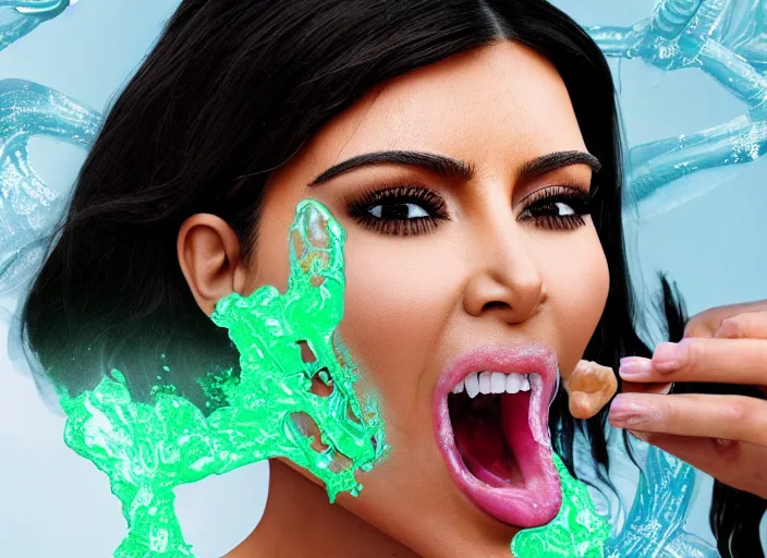 Prompt: film still of kim kardashian ingesting alien slime from the mouth of an xenomorph, transparent goo, transparent slime, saliva, 8 k