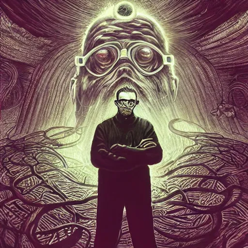 Prompt: lovecraftian gordon freeman, surrounded by beams of light dark background by wayne barlow, stanley donwood, anton semenov, zdzislaw bekinski, hr giger, 8 k, fantasy, dark, highly detailed