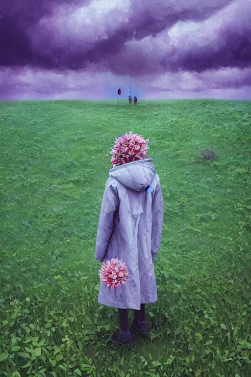 Prompt: portrait, giant flower head, a girl with coat between hedges, surreal photography, wind and cold, dramatic sky, impressionist painting, digital painting, artstation, simon stalenhag