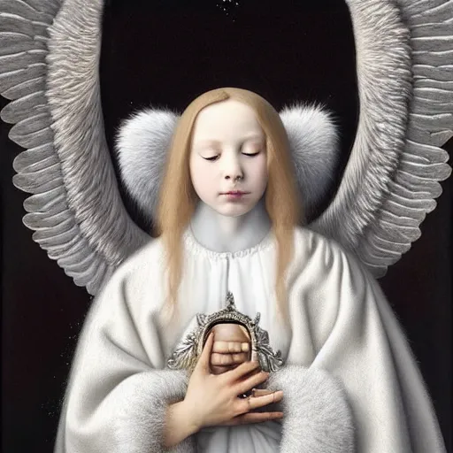 Image similar to highdetailed hyperrealistic painting of white angel in the hood!!!!, giant ball of miracle light from the chest!!!!!, 4 k hd fur face!!!, big wings, by jan van eyck, holography space, white sparkles everywhere, thin strokes, high textures, silver background