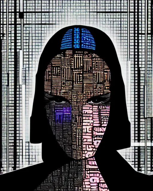 Image similar to cypherpunk fashion illustration, camera face, city street background with high tall buildings, abstract portrait highly detailed, finely detailed