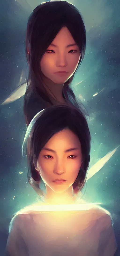 Image similar to a beautiful Tibetan woman, innocent, somber white eyes, long, gentle lighting, on a small space shuttle, futuristic, dim lighting, digital art by Makoto Shinkai ilya kuvshinov and Wojtek Fus, digital art, concept art,