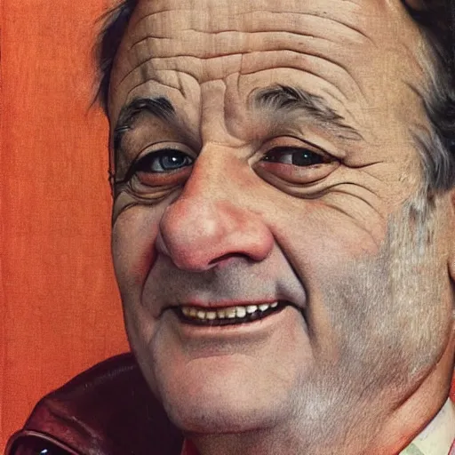 Prompt: Frontal portrait of a smiling Bill Murray. A portrait by Norman Rockwell.