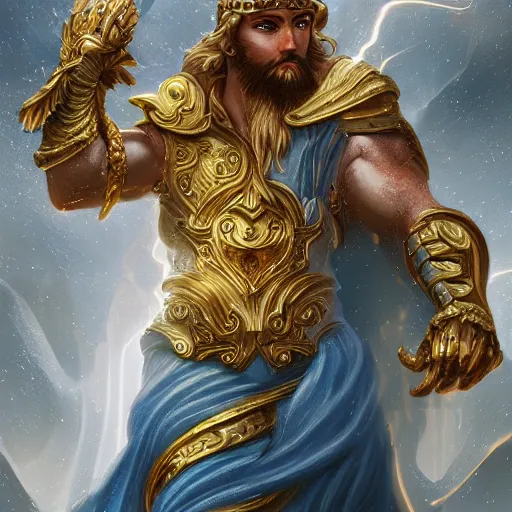 Prompt: Character concept art, Digital Paint, Zeus, God, Character Design, Digital Art, Gold Light, Blue Mist, 8K, insanely detailed and intricate, ornate, hyper realistic, super detailed, Cloudy background, Trending on Artstation, ethereal beings