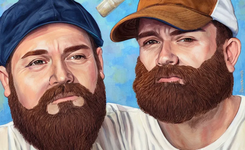 Prompt: painting of middle aged man with brown hair, white dad cap, beard in the style of martine johanna